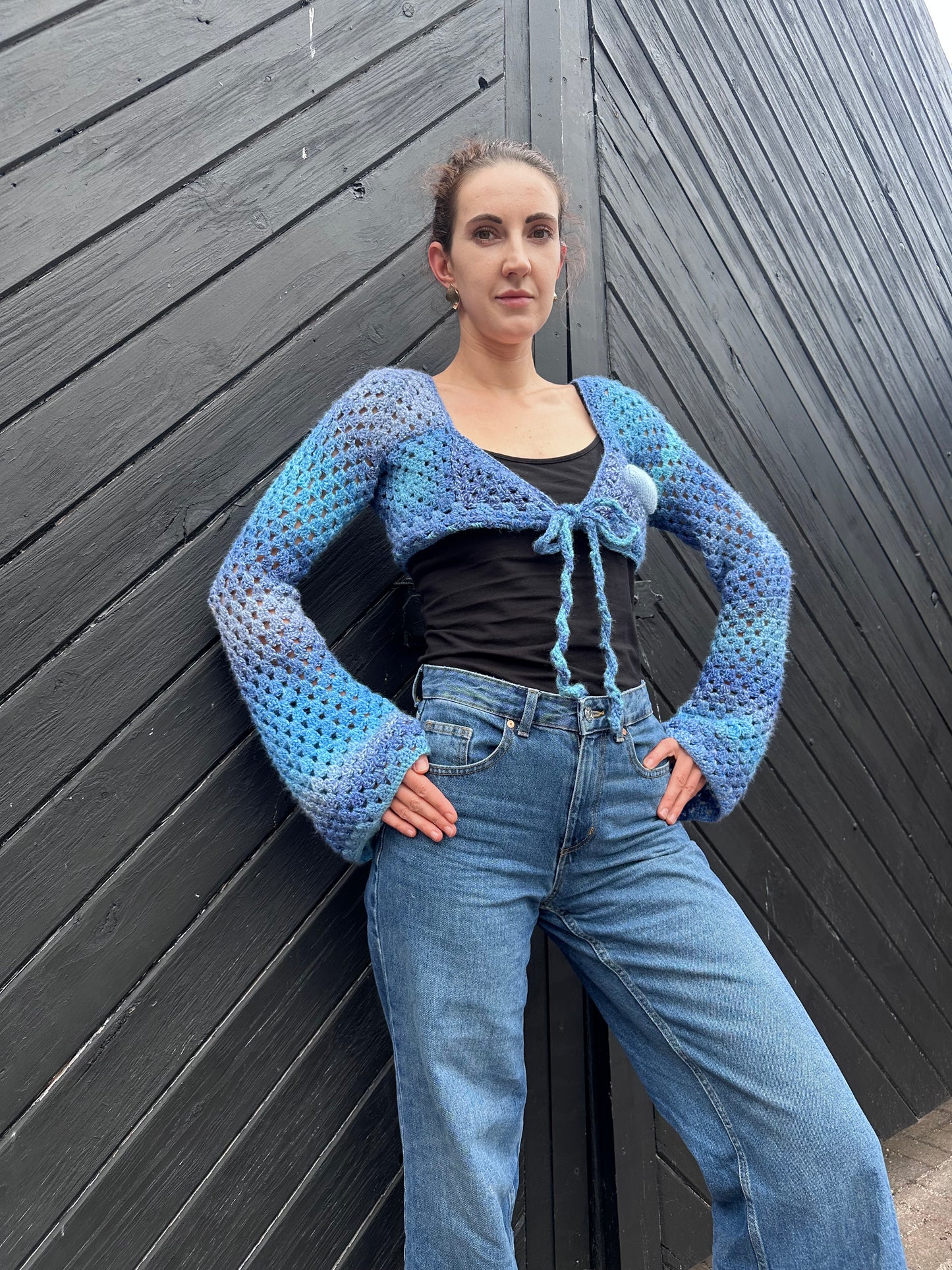 Cropped Blue Heart Crochet Cardigan