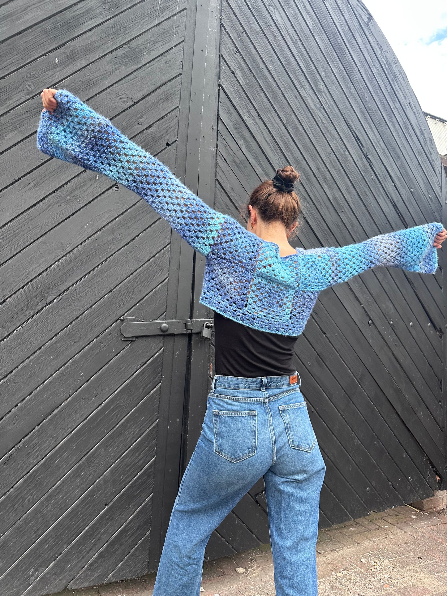 Cropped Blue Heart Crochet Cardigan