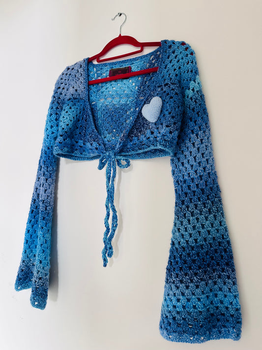 Cropped Blue Heart Crochet Cardigan