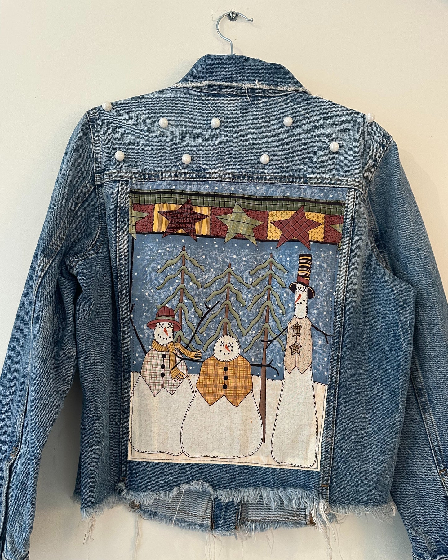 Christmas Pearly Snowman Denim Jacket (small)