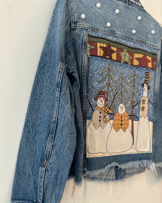 Christmas Pearly Snowman Denim Jacket (small)