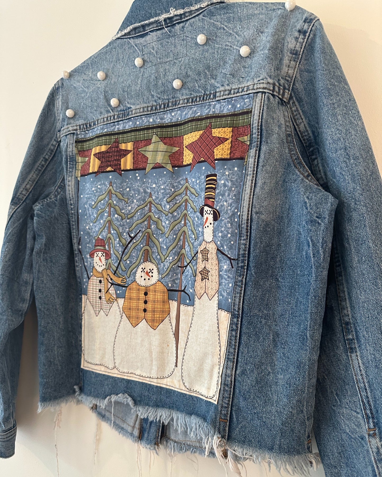 Christmas Pearly Snowman Denim Jacket (small)
