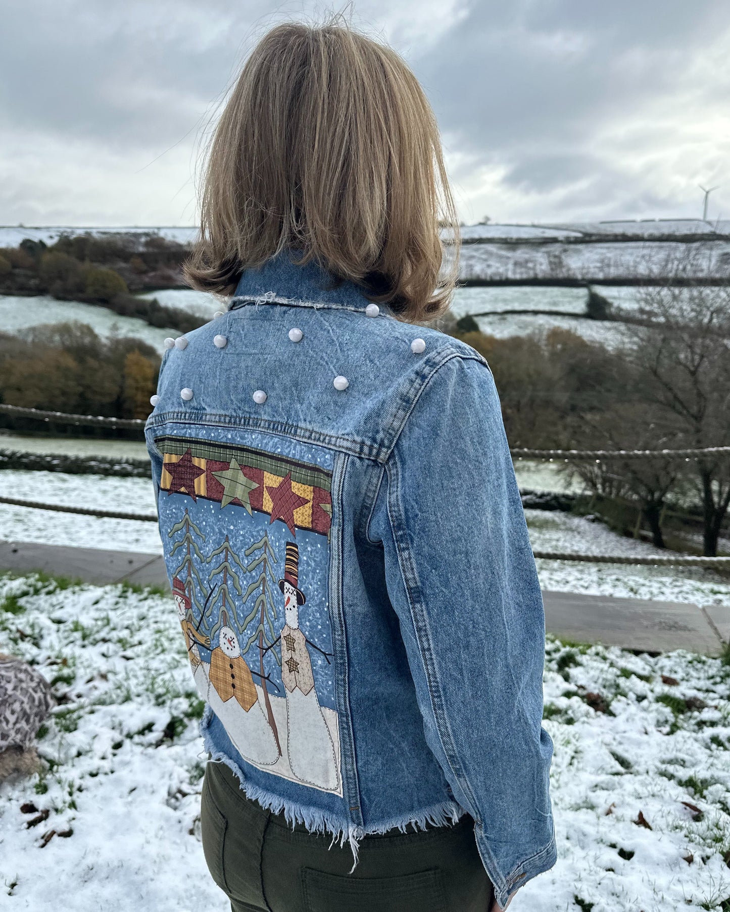Christmas Pearly Snowman Denim Jacket (small)