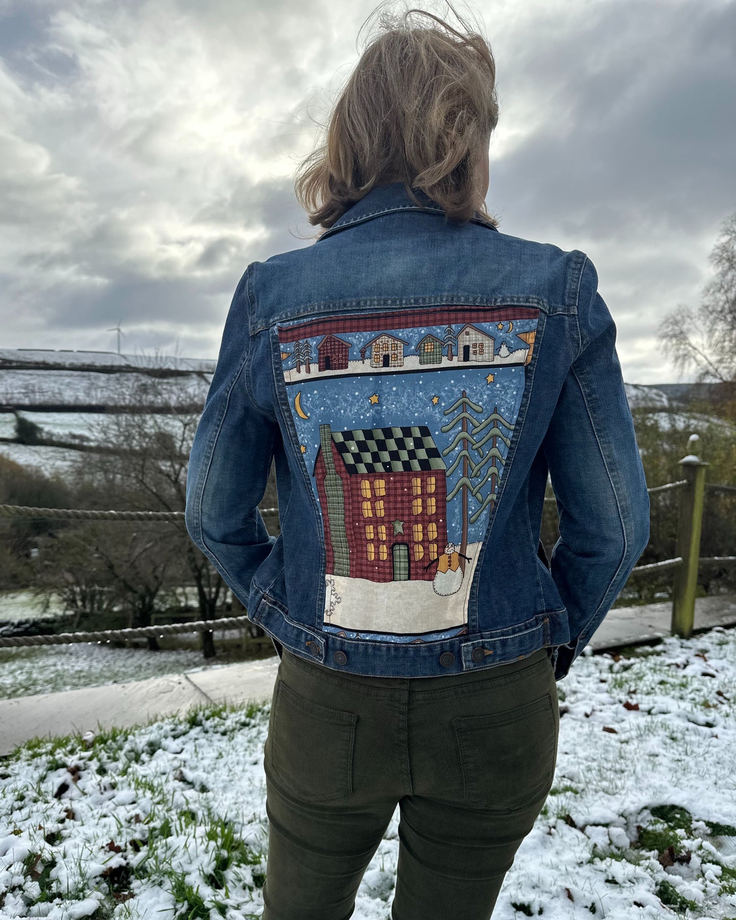 Vintage Winter Scene Denim Jacket (small)